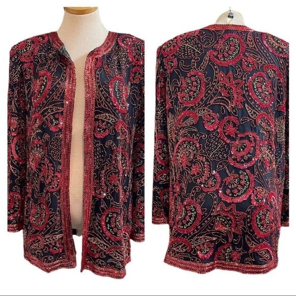 Neiman Marcus Vtg Cocktail Black Red Gold Sequin Beaded Jacket Size Large - Picture 1 of 13